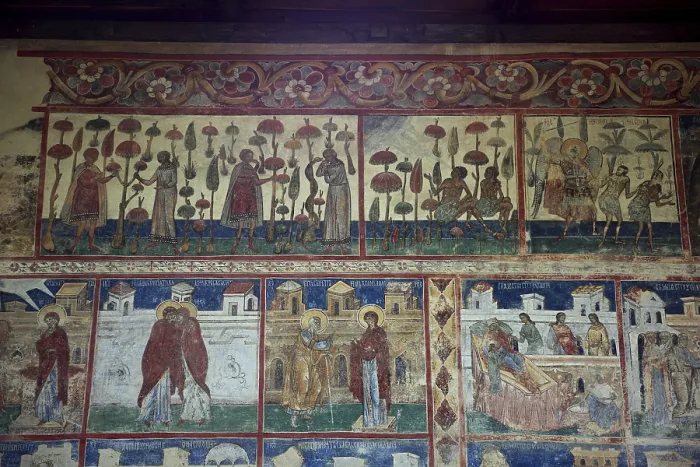 Framed Print : Frescoes on the outer wall. The Voronet Monastery
