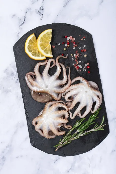 Framed Print : Fresh baby octopus, on black slate Framed Print : Fresh baby octopus, on black slate