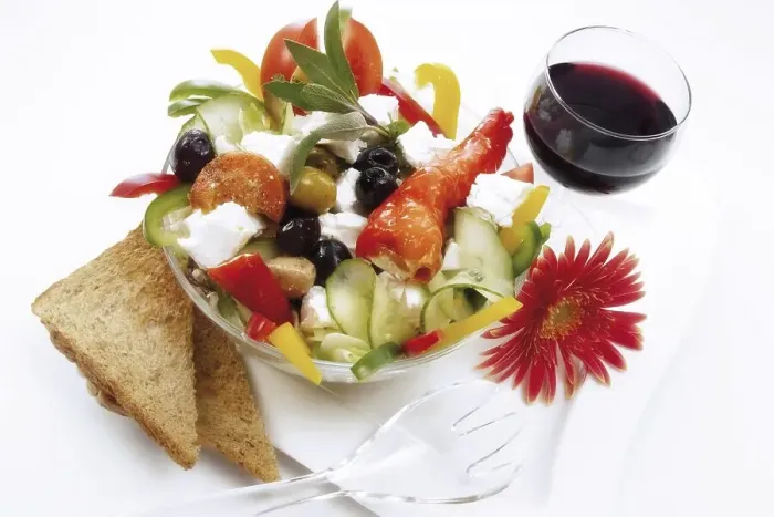 Framed Print : Fresh feta salad and a glass of red wine: Greek feta cheese