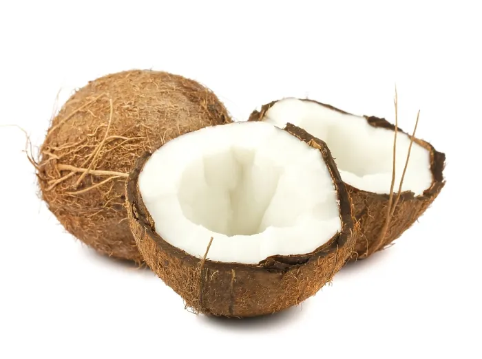Framed Print : Fresh full and two halves of coconut isolated on white background Framed Print : Fresh full and two halves of coconut isolated on white background