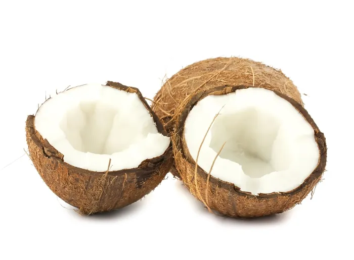 Framed Print : Fresh full and two halves of coconut isolated on white background Framed Print : Fresh full and two halves of coconut isolated on white background