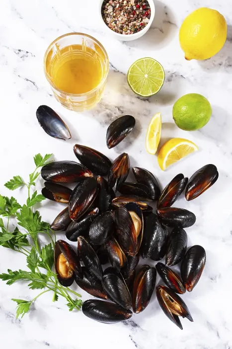 Framed Print : Fresh mussels scattered on the table