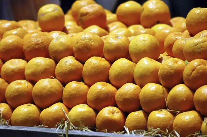 Framed Print : Fresh orange fruit being sold on handcart in old city of Hyderabad