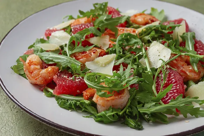 Framed Print : Fresh shrimp salad with arugula