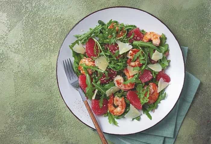Framed Print : Fresh shrimp salad with arugula