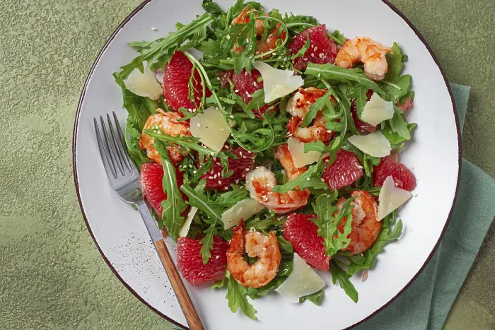Framed Print : Fresh shrimp salad with arugula
