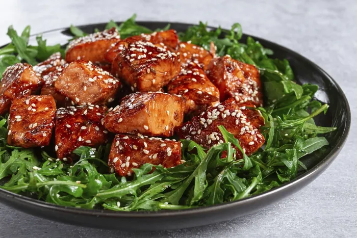 Framed Print : Fried salmon slices, teriyaki with sesame seeds