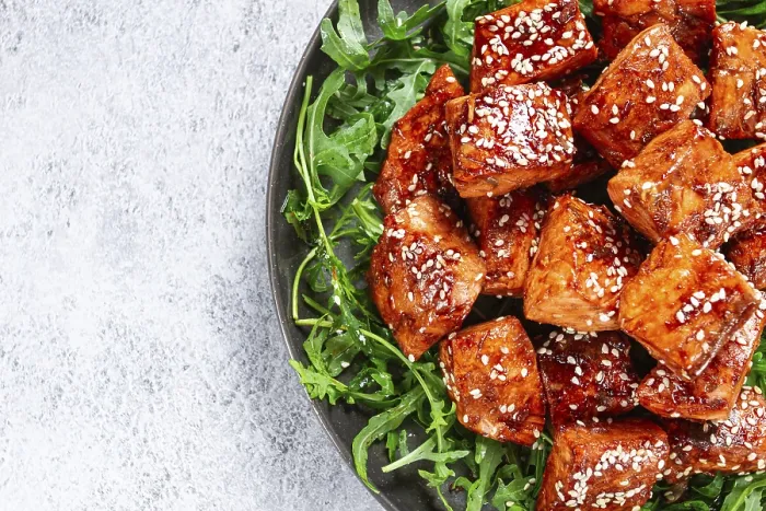Framed Print : Fried salmon slices, teriyaki with sesame seeds