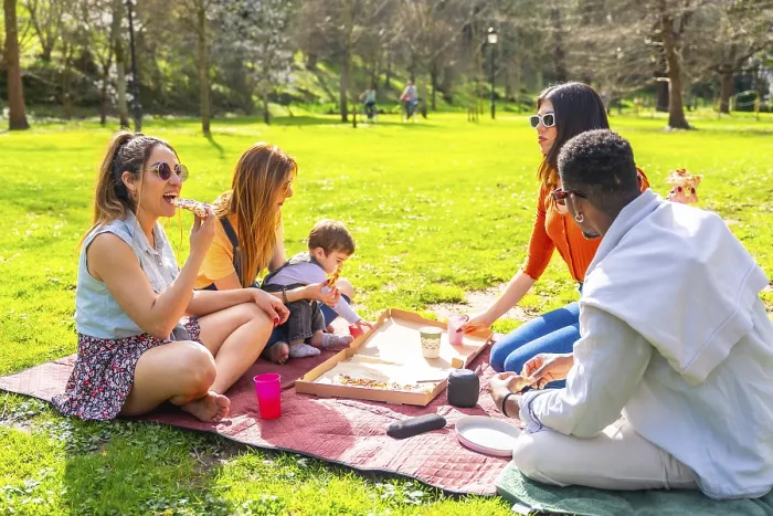 Framed Print : Friends and family gathering for a picnic in a sunny park