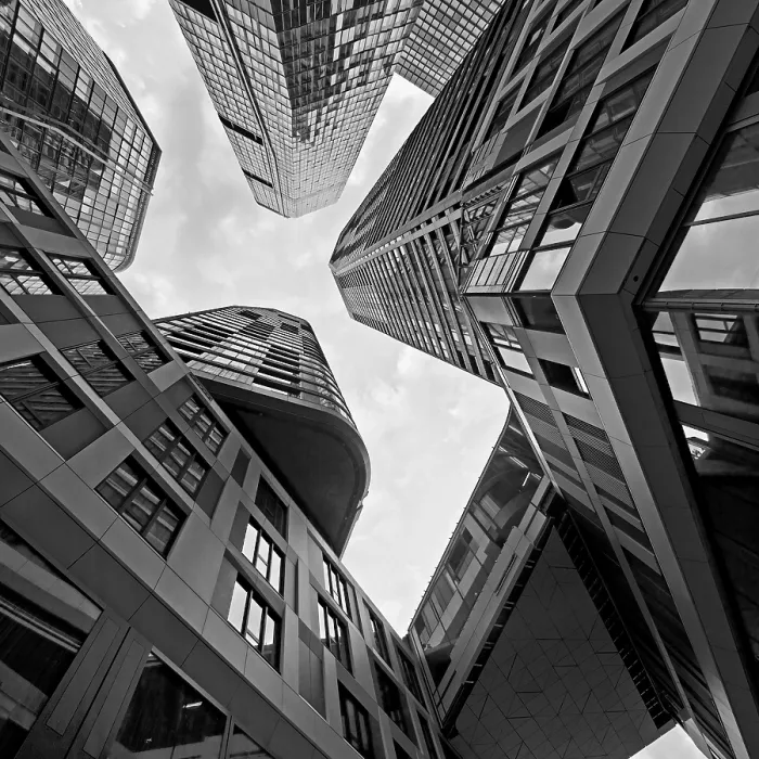 Framed Print : Frog's-eye view of the skyscrapers in the banking district
