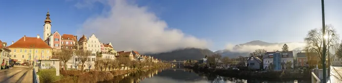 Framed Print : Frohnleiten panorama small town above Mur river in Styria