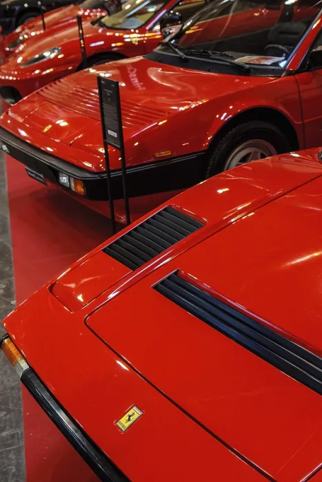Framed Print : Front front bonnet of classic car red Ferrari 308 behind Ferrari Mondial