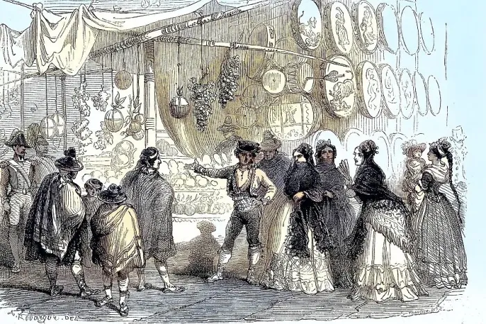 Framed Print : Fruit merchants and nougat traders at Christmas 1880 on the Plaza Mayor in Madrid
