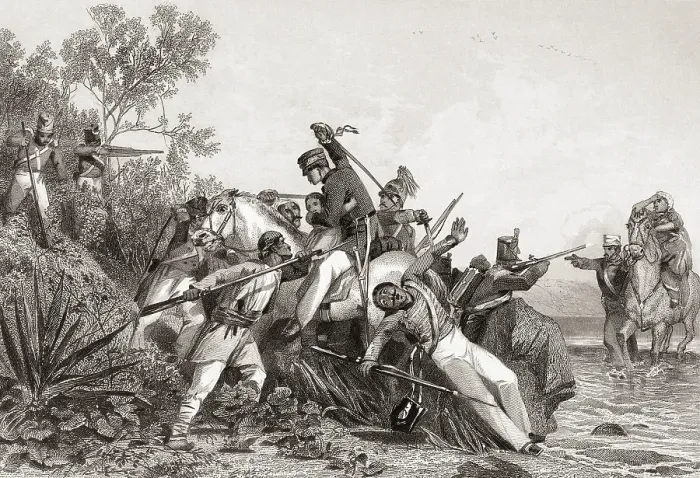 Framed Print : Fugitive British officers and their families attacked by mutineers, India, Asia