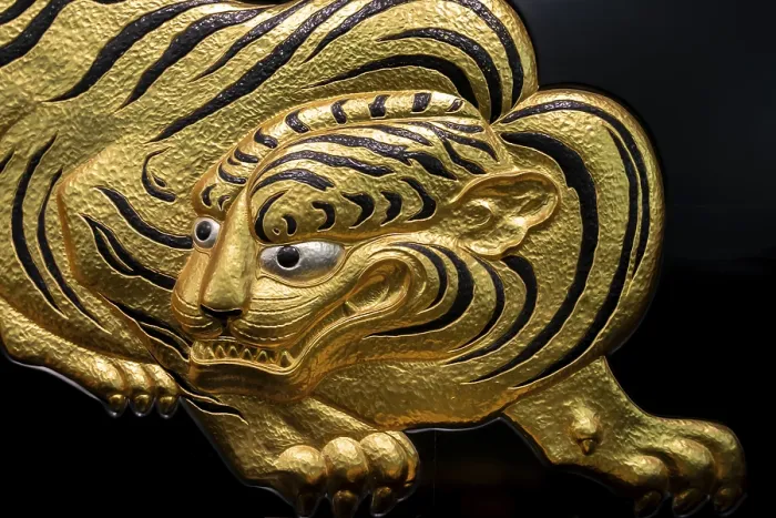 Framed Print : Fukuku, Japanese relief, golden tiger figure