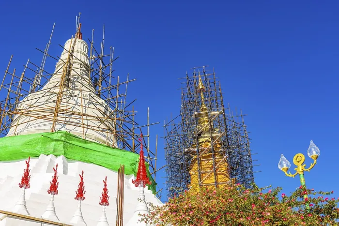 Framed Print : Fully equipped main pagoda, Buddhist temple complex Wat Phra That Sorn Kaew