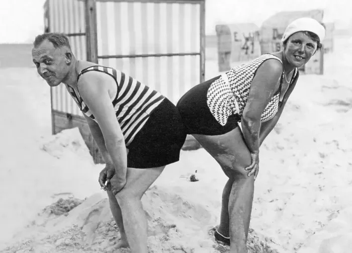 Framed Print : Funny couple at the beach, historic photograph Framed Print : Funny couple at the beach, historic photograph