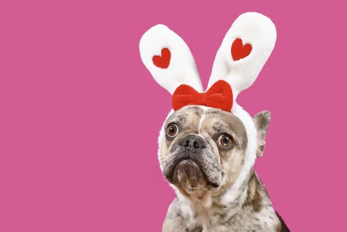 Framed Print : Funny merle French Bulldog dog wearing Easter bunny ear headband with hearts on pink background with copy space
