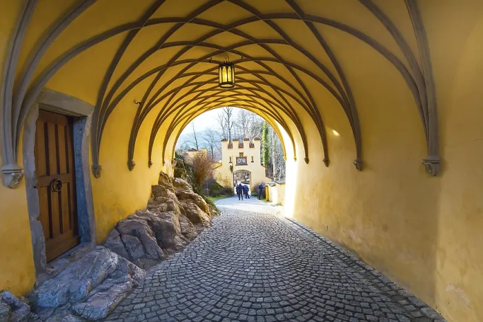 Framed Print : Fussen, Germany - December 27, 2016: Hohenschwangau Castle Schloss arch view and people
