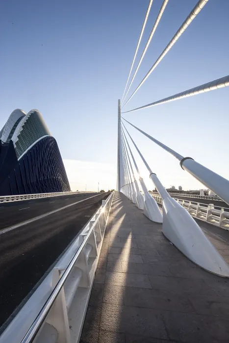 Framed Print : Futuristic bridge in Valencia with slender lines and shadows in the sunlight