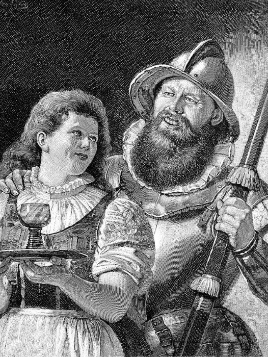 Framed Print : Gallant Landsknecht, trying to flirt with the waitress serving him a glass of wine in an inn