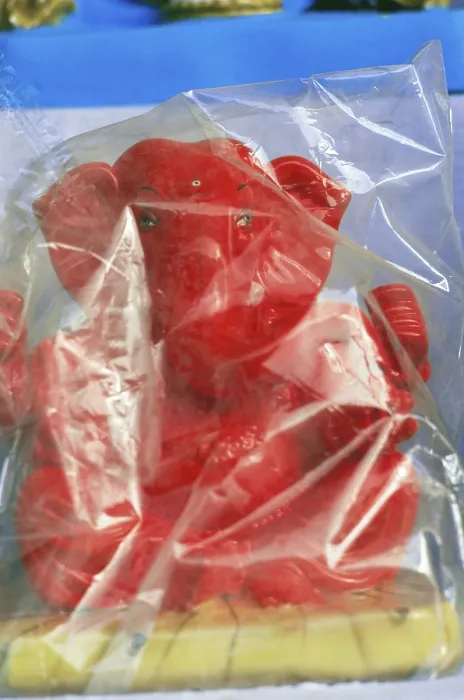 Framed Print : Ganesh ganpati festival, idol of elephant headed god in plastic cover