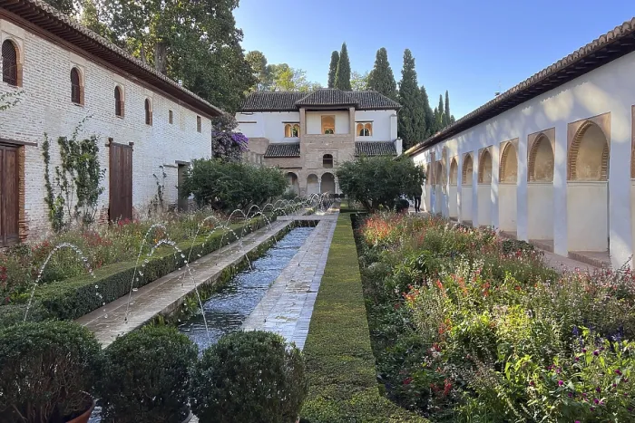 Framed Print : Garden courtyard with water basin and arcades in the Alhambra Framed Print : Garden courtyard with water basin and arcades in the Alhambra