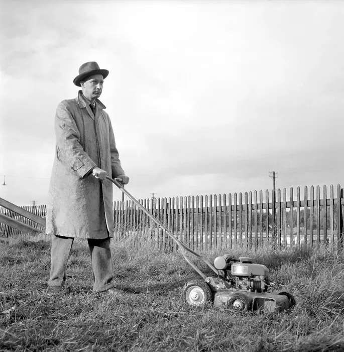 Framed Print : Garden equipment of the 1950s. A motor driven lawn mover Framed Print : Garden equipment of the 1950s. A motor driven lawn mover