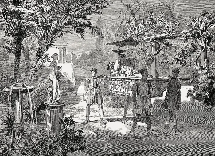Framed Print : Garden scene, sedan chair, ancient Rome Framed Print : Garden scene, sedan chair, ancient Rome