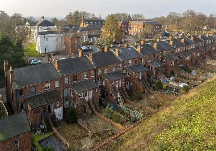 Framed Print : Back gardens and backs of row of terraced housing