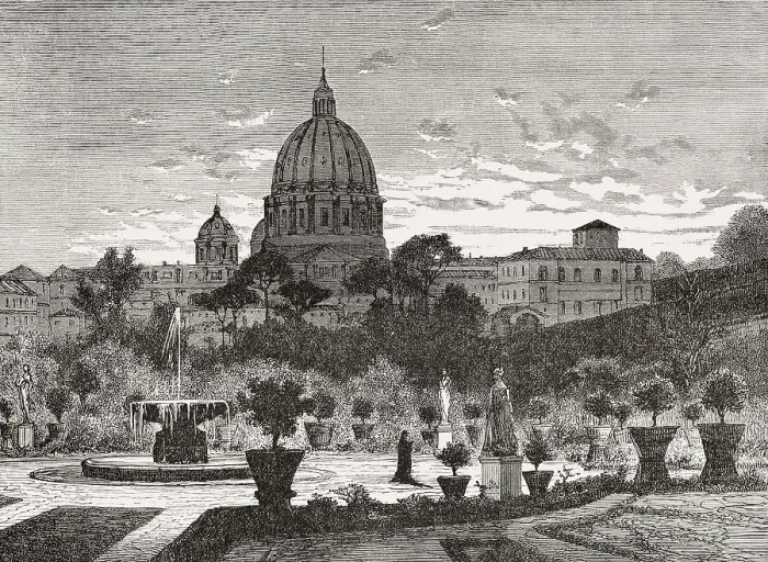 Framed Print : The Gardens of Vatican City, Papal Basilica of St Framed Print : The Gardens of Vatican City, Papal Basilica of St
