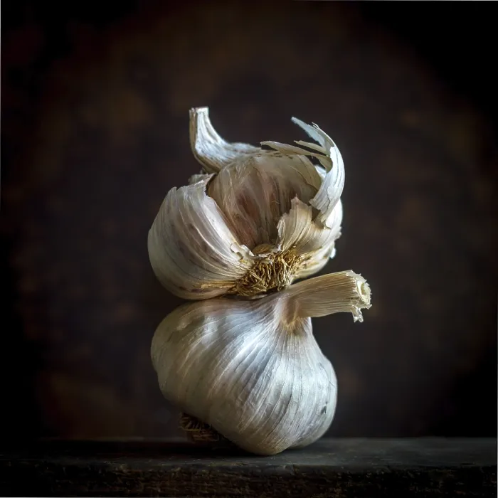 Framed Print : Garlic cloves are arranged carefully against a black background