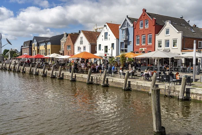 Framed Print : Gastronomy at the inland harbour and old town in Husum Framed Print : Gastronomy at the inland harbour and old town in Husum