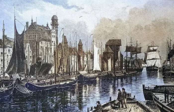 Framed Print : Gdansk, Gdansk in 1880, warehouses and cranes along the Motlawa river Framed Print : Gdansk, Gdansk in 1880, warehouses and cranes along the Motlawa river