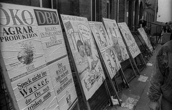 Framed Print : GDR, Berlin, 07.03.1990, election advertisement at Schoeneweide S-Bahn station Framed Print : GDR, Berlin, 07.03.1990, election advertisement at Schoeneweide S-Bahn station