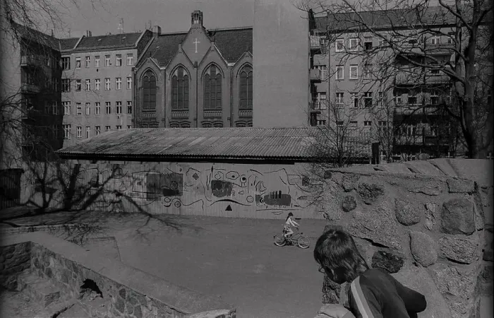 Framed Print : GDR, Berlin, 17. 4. 1988, child with bicycle on the playground in Heinrich Zille Park