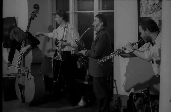 Framed Print : GDR, Berlin, 26.2.1988, Jazzfest at the HdjT (from left to right) Christoph Winkel