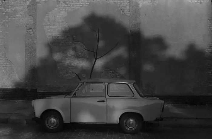 Framed Print : GDR, Berlin, 28. 07. 1986, Trabant (Trabi) in front of wall with tree shade