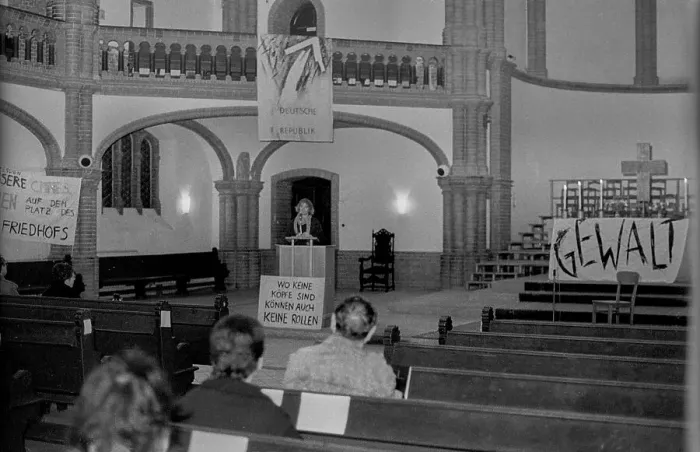 Framed Print : GDR, Berlin, 7.2.1990, peace devotion in the Gethsemane Church