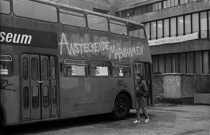 Framed Print : GDR, Berlin, 9.1.1990, museum bus at the Volksbuehne: The Mobile Museum: Contagious Measures Framed Print : GDR, Berlin, 9.1.1990, museum bus at the Volksbuehne: The Mobile Museum: Contagious Measures