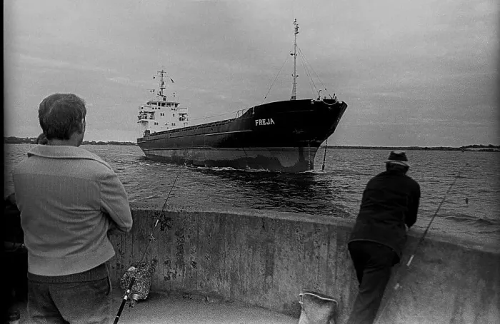 Framed Print : GDR, Stralsund, 18.07.1988, angler at the pier in Stralsund