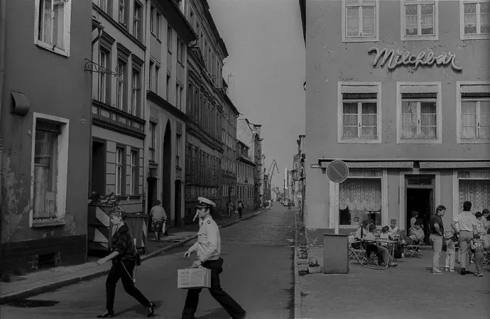 Framed Print : GDR, Stralsund, 9.6.1988, street scene with sailor in Stralsund Framed Print : GDR, Stralsund, 9.6.1988, street scene with sailor in Stralsund