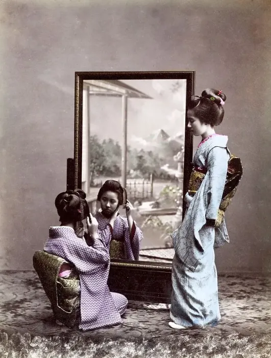 Framed Print : Two Geishas in front of mirror, Japan, Asia