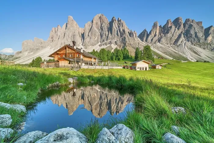 Framed Print : Geisleralm with Geisler group, reflection, Dolomites, Santa Magdalena, South Tyrol, Trentino Alto Adige, Italy, Europe