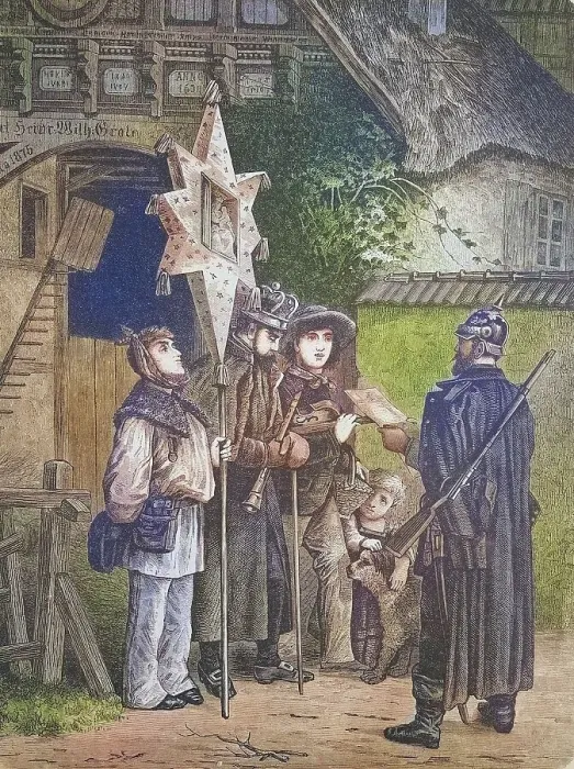 Framed Print : Gendarme checks the three kings to see if they have permission to parade through the streets in disguise