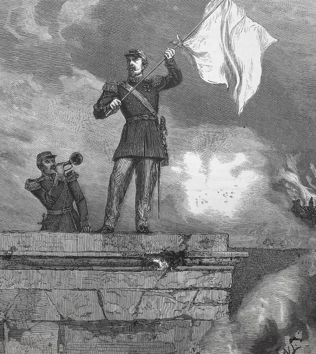 Framed Print : General Lauriston as a parliamentarian with a white flag in front of the gates of Sedan Framed Print : General Lauriston as a parliamentarian with a white flag in front of the gates of Sedan