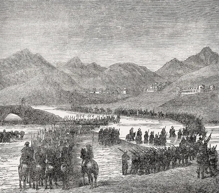 Framed Print : General Ross's division crossing the Logar River Framed Print : General Ross's division crossing the Logar River