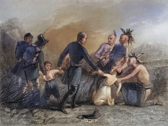 Framed Print : General Wool saves a Mexican family from the Indians Framed Print : General Wool saves a Mexican family from the Indians