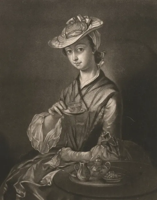 Framed Print : Gentlewoman with tea cup, 1820, England, Historical, digitally restored reproduction of an original from the period