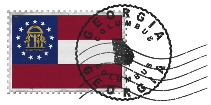 Framed Print : Georgia Columbus Stamp with National Flag and Postmark